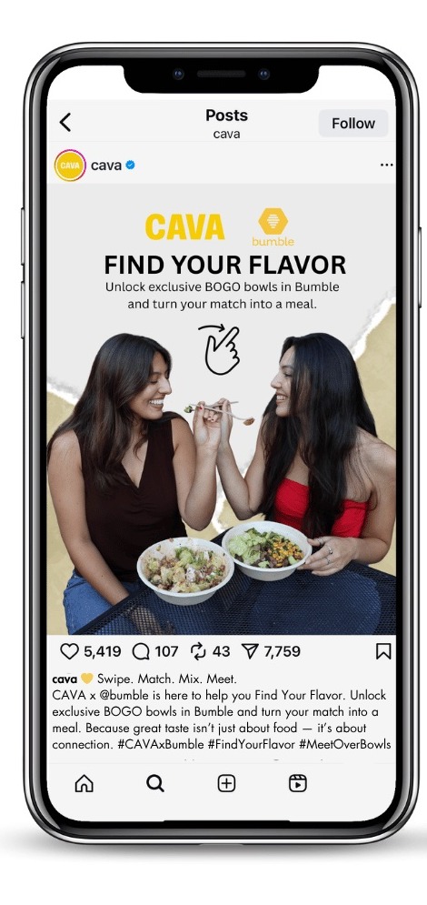 CAVA x Bumble Instagram ad — Find Your Flavor, two friends sharing bowls, first of four