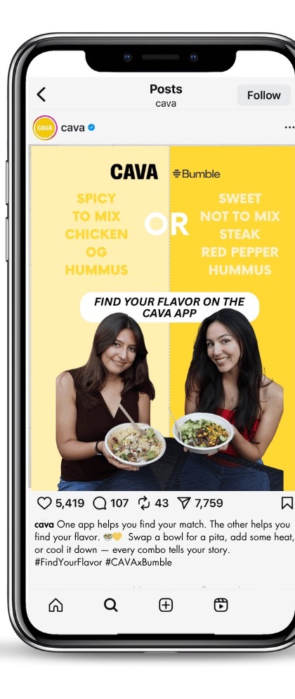 CAVA x Bumble Instagram ad — Spicy or Sweet flavor match, second of four