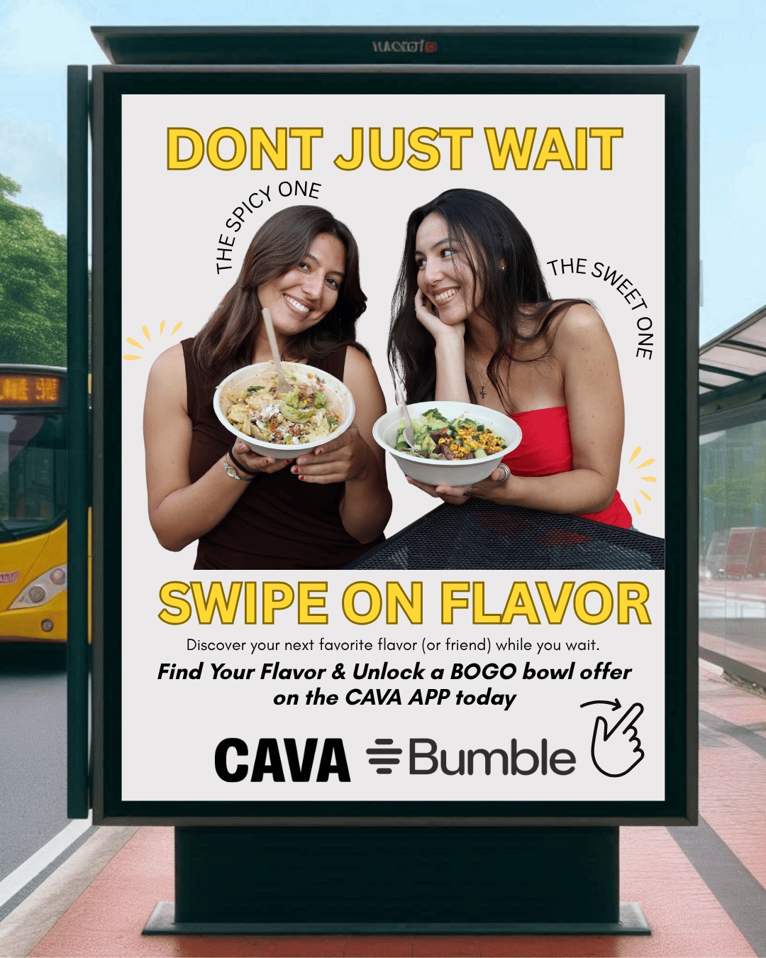 CAVA x Bumble bus shelter poster reading 