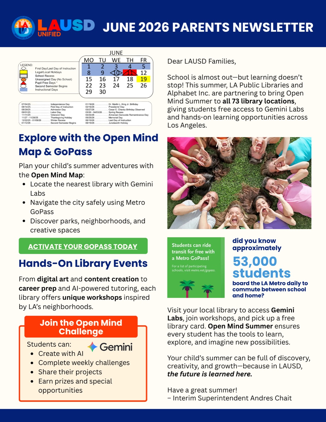 LAUSD June 2026 Parents Newsletter featuring the Open Mind Summer program
