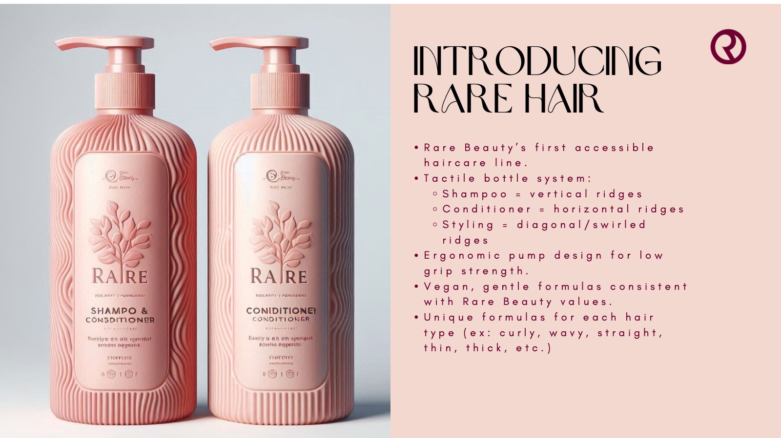 Slide 5: Introducing Rare Hair — the tactile bottle system