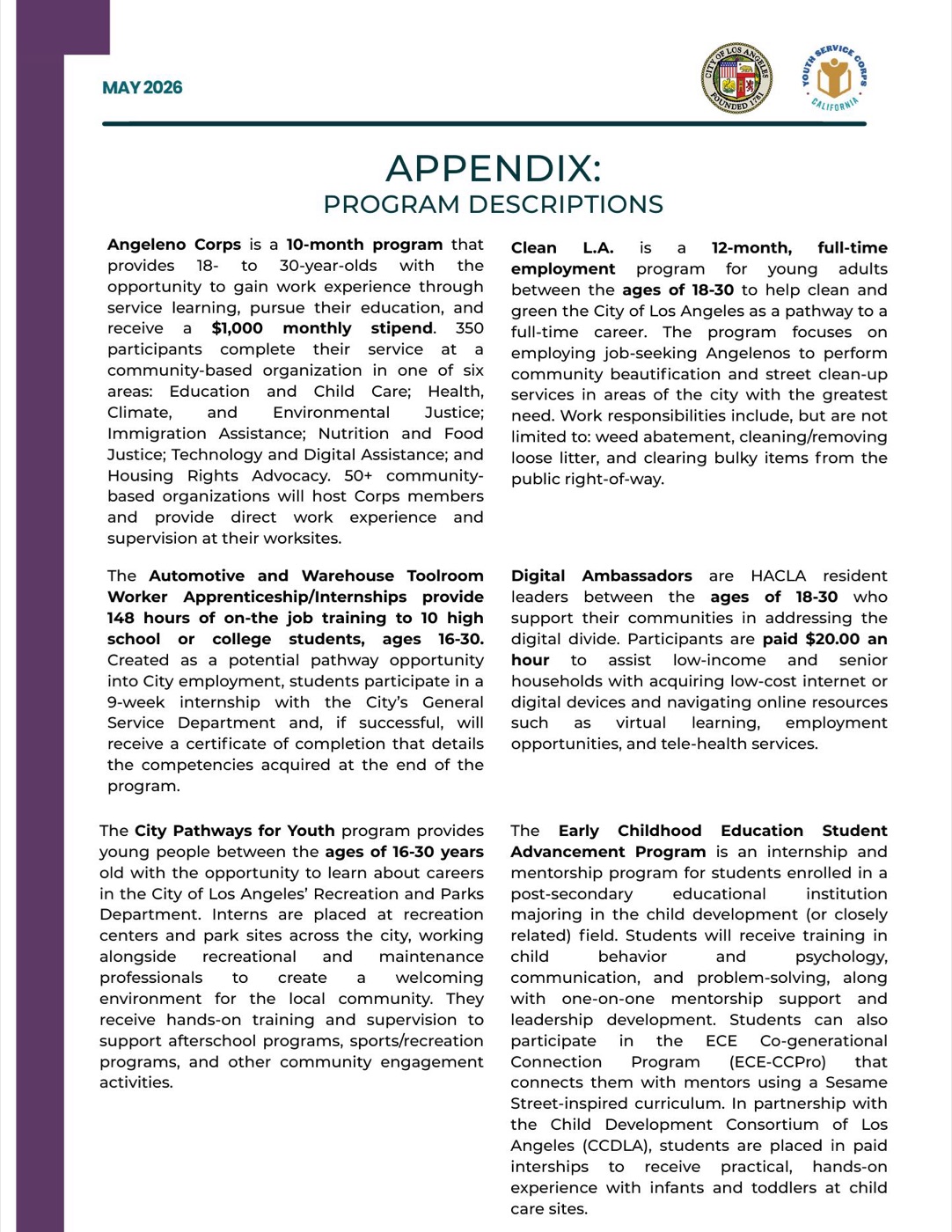 Slide 9: Appendix: Program Descriptions (I)